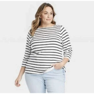Ava & Viv Striped Tunic Top Plus Size 2X White Black Boat Neck 3/4 Sleeve Casual